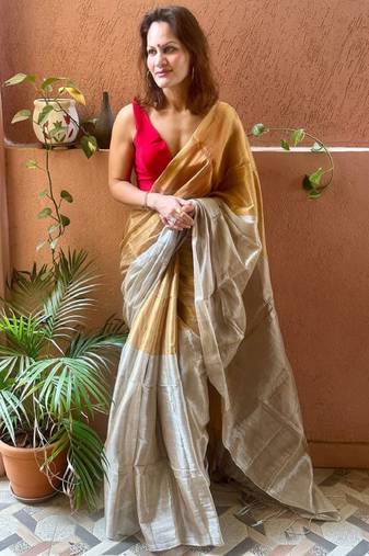 beige tissue solid saree with elegant minimal design