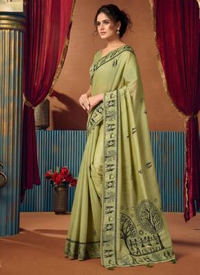 Light green cotton blend warli work saree with unstitched blouse 2