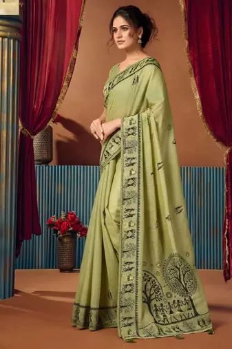 Light green cotton blend warli work saree with unstitched blouse