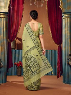 Light green cotton blend warli work saree with unstitched blouse 3