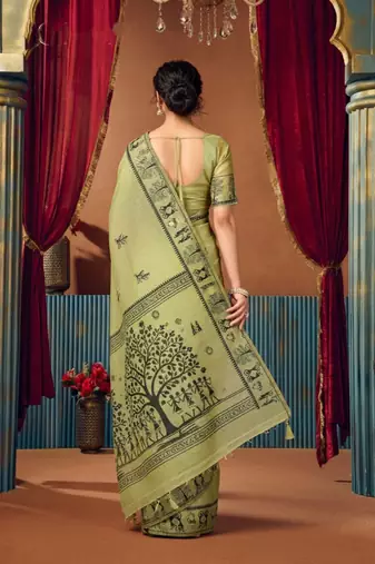 Light green cotton blend warli work saree with unstitched blouse