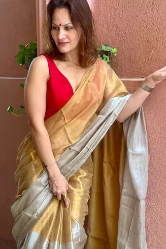 beige tissue solid saree with elegant minimal design