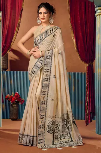 Beige cotton blend warli work saree with unstitched blouse