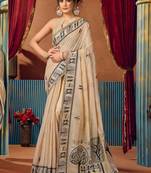 Beige cotton blend warli work saree with unstitched blouse