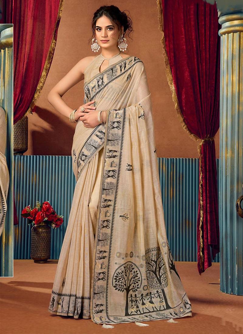 Beige cotton blend warli work saree with unstitched blouse
