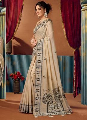 Beige cotton blend warli work saree with unstitched blouse 2