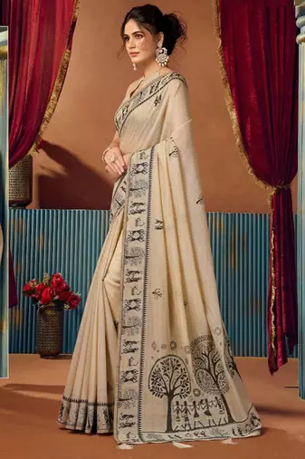 Beige cotton blend warli work saree with unstitched blouse