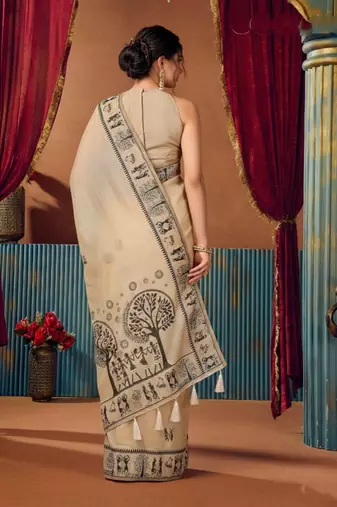 Beige cotton blend warli work saree with unstitched blouse