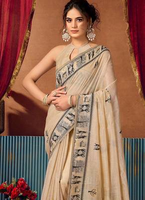 Beige cotton blend warli work saree with unstitched blouse 4