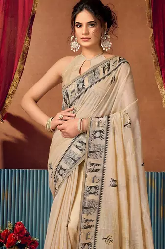 Beige cotton blend warli work saree with unstitched blouse