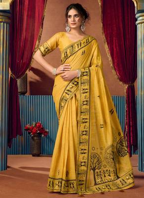 Mustard cotton blend warli work saree with unstitched blouse 1