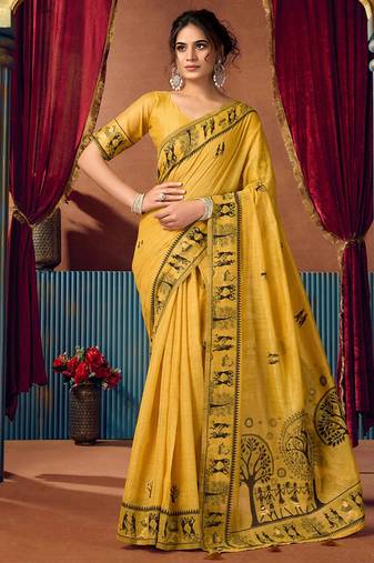 Mustard cotton blend warli work saree with unstitched blouse