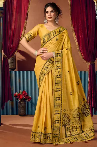 Mustard cotton blend warli work saree with unstitched blouse