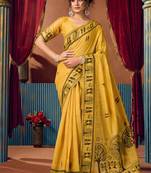 Mustard cotton blend warli work saree with unstitched blouse