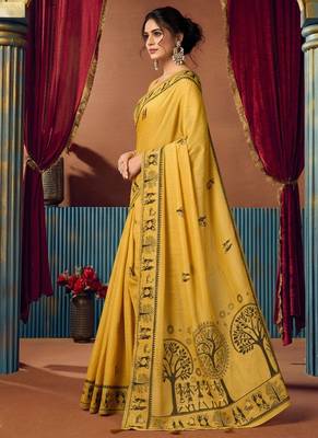 Mustard cotton blend warli work saree with unstitched blouse 2