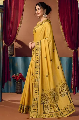 Mustard cotton blend warli work saree with unstitched blouse