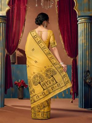 Mustard cotton blend warli work saree with unstitched blouse 3