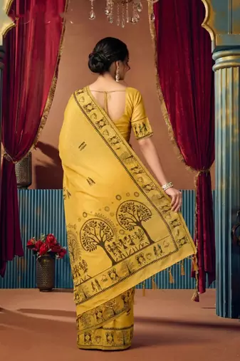 Mustard cotton blend warli work saree with unstitched blouse