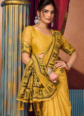 Mustard cotton blend warli work saree with unstitched blouse 4