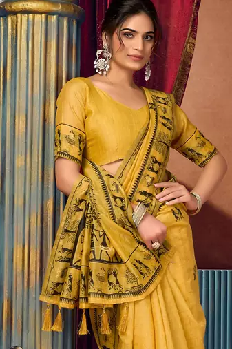 Mustard cotton blend warli work saree with unstitched blouse