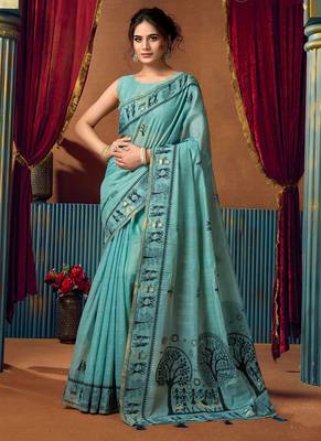 Aqua blue cotton blend warli work saree with unstitched blouse 1