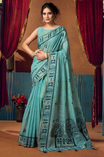 Aqua blue cotton blend warli work saree with unstitched blouse
