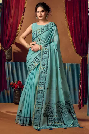 Aqua blue cotton blend warli work saree with unstitched blouse