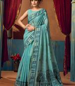 Aqua blue cotton blend warli work saree with unstitched blouse