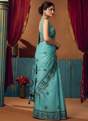 Aqua blue cotton blend warli work saree with unstitched blouse 2