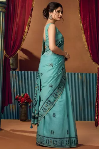 Aqua blue cotton blend warli work saree with unstitched blouse