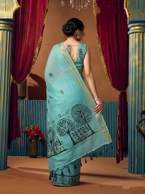 Aqua blue cotton blend warli work saree with unstitched blouse 3