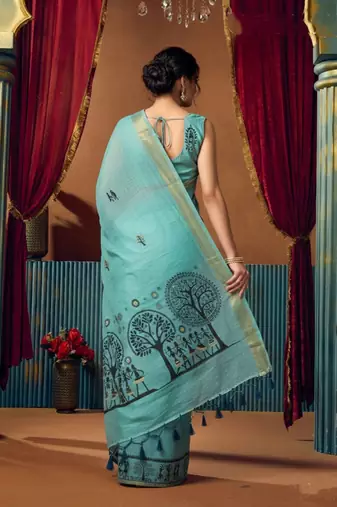 Aqua blue cotton blend warli work saree with unstitched blouse
