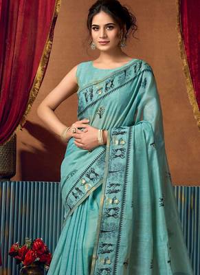 Aqua blue cotton blend warli work saree with unstitched blouse 4