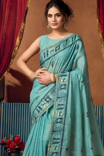 Aqua blue cotton blend warli work saree with unstitched blouse