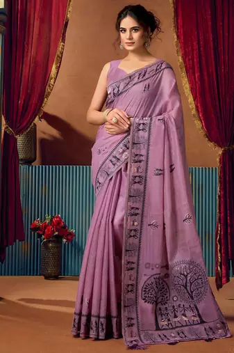 Lavender cotton blend warli work saree with unstitched blouse
