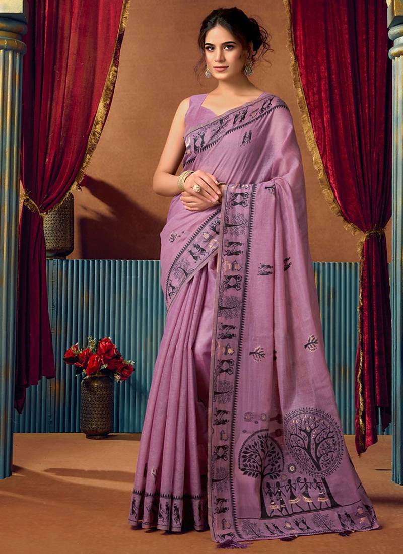 Lavender cotton blend warli work saree with unstitched blouse