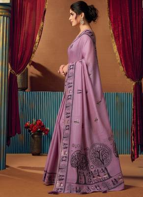 Lavender cotton blend warli work saree with unstitched blouse 2