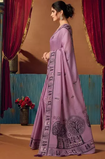 Lavender cotton blend warli work saree with unstitched blouse