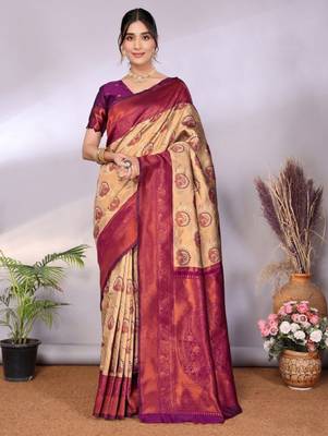 Ethnic motifs woven design zari kanjeevaram saree 1