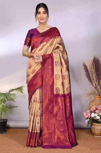 Ethnic motifs woven design zari kanjeevaram saree