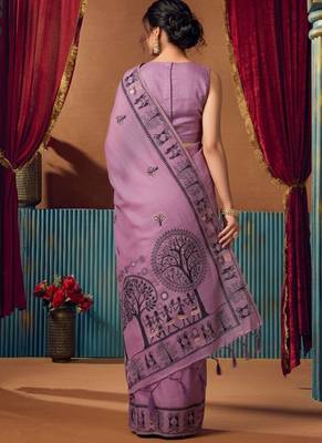 Lavender cotton blend warli work saree with unstitched blouse 3