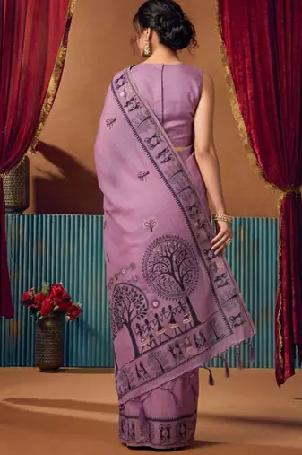 Lavender cotton blend warli work saree with unstitched blouse