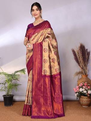 Ethnic motifs woven design zari kanjeevaram saree 2