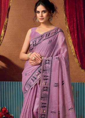 Lavender cotton blend warli work saree with unstitched blouse 4