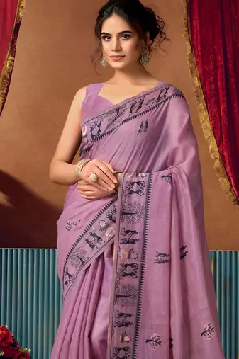 Lavender cotton blend warli work saree with unstitched blouse