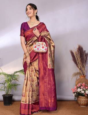 Ethnic motifs woven design zari kanjeevaram saree 4