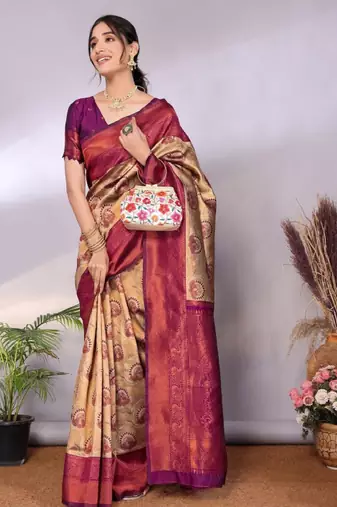 Ethnic motifs woven design zari kanjeevaram saree