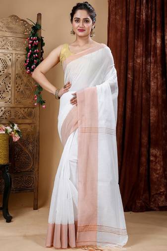 white taant saree with zari design