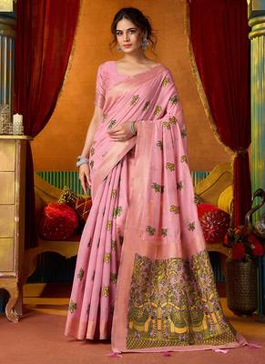 Pink cotton blend saree with traditional ethnic motifs and includes blouse piece 1