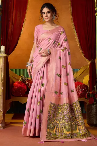 Pink cotton blend saree with traditional ethnic motifs and includes blouse piece